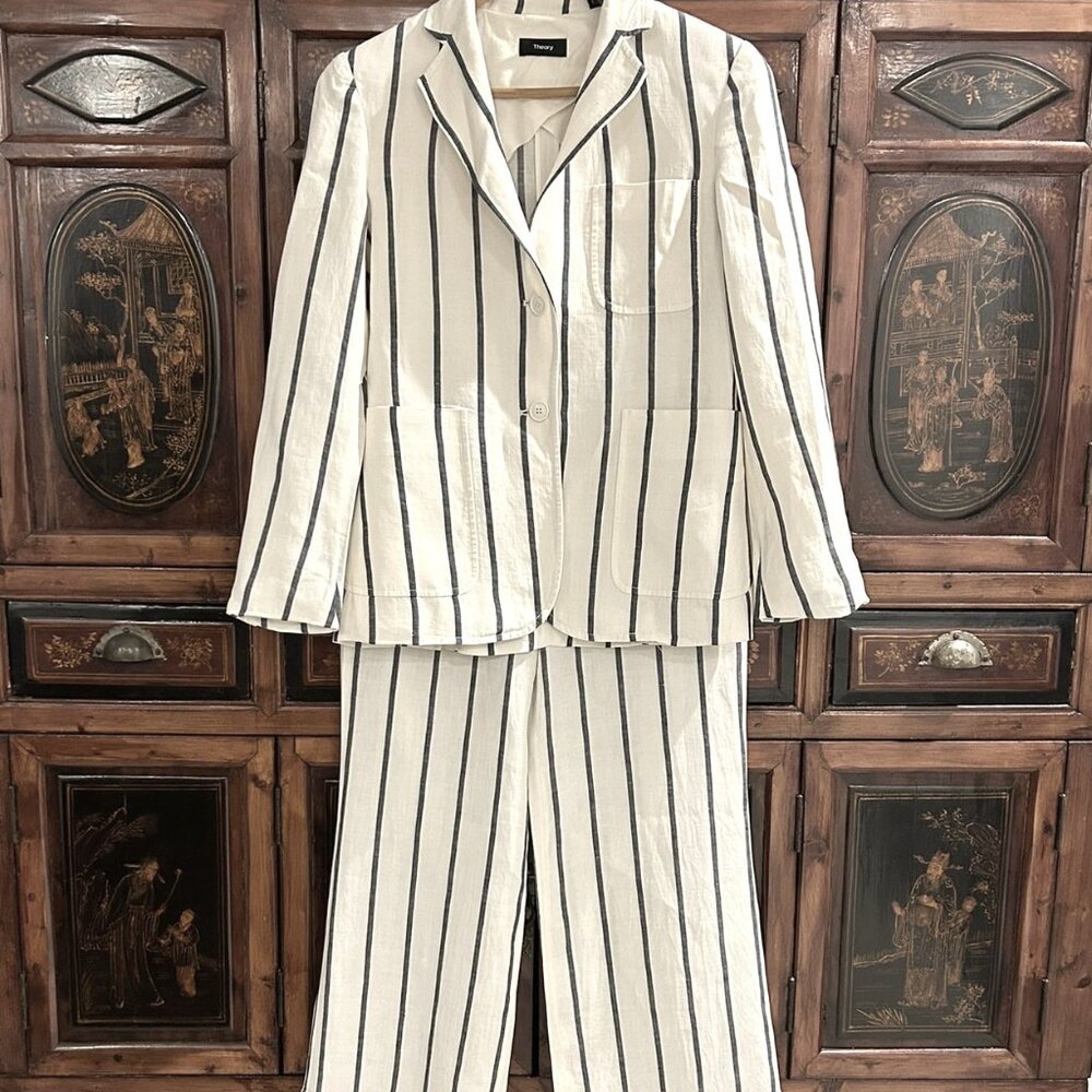 Theory Brightdale Wide-Stripe Linen Blazer & Pants Set - Size 4, Cream & Blue